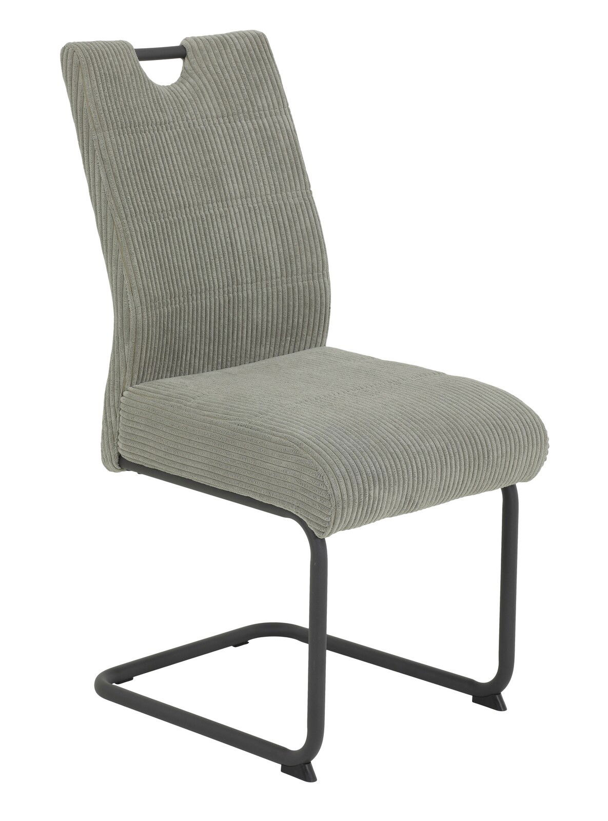 Moderner Schwingstuhl mit grauem, geripptem Stoffbezug und schwarzem Metallgestell, seitliche Perspektive