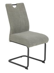Moderner Schwingstuhl mit grauem, geripptem Stoffbezug und schwarzem Metallgestell, seitliche Perspektive