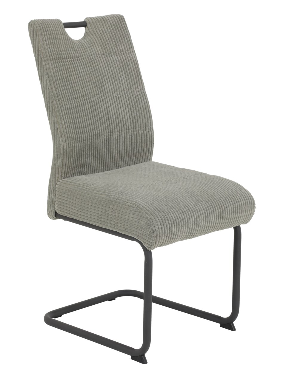 Moderner Schwingstuhl mit grauem, geripptem Stoffbezug und schwarzem Metallgestell, seitliche Perspektive