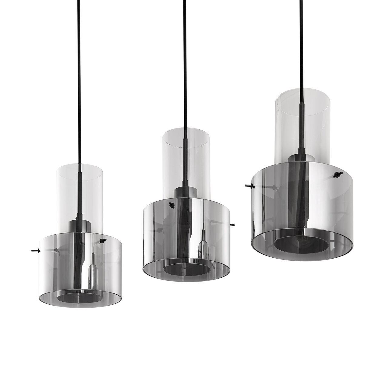 Moderne hanglamp met drie cilindervormige, rookgrijze glazen kappen, gezien van onderaf.