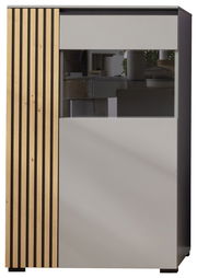 Frontansicht eines modernen Highboards mit Holzlamellen und Glasfront.