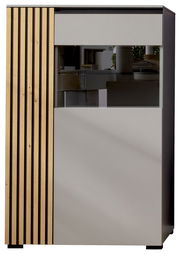 Frontansicht eines modernen Highboards mit Holzlamellen und Glasfront.