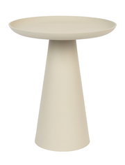 Moderner Beistelltisch in Beige mit konischer Basis, seitliche Perspektive