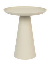 Moderner Beistelltisch in Beige mit konischer Basis, seitliche Perspektive