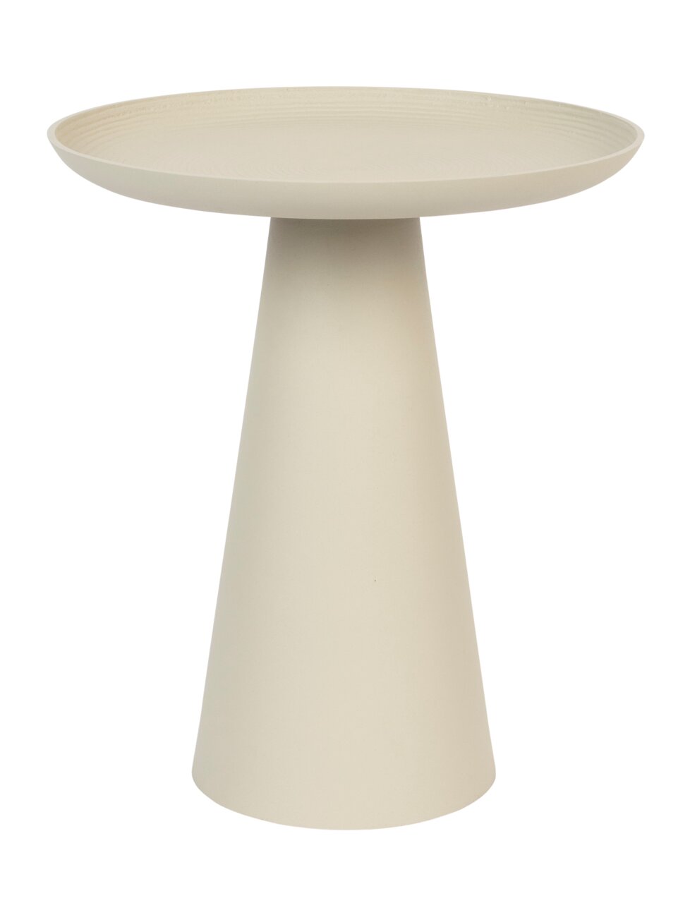 Moderner Beistelltisch in Beige mit konischer Basis, seitliche Perspektive