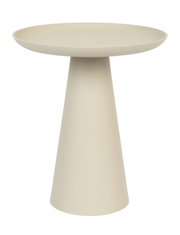 Moderne bijzettafel in beige met conische voet, zijaanzicht