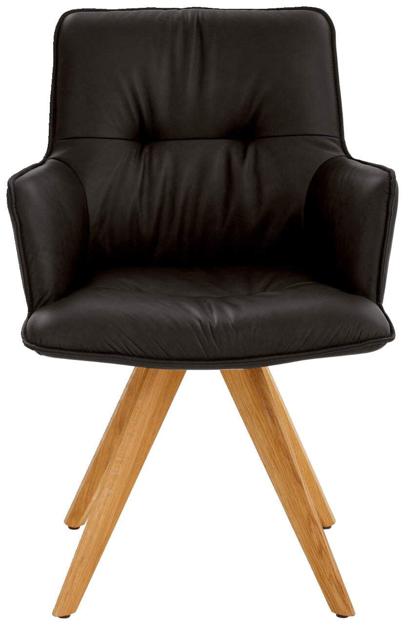 Vorderansicht eines modernen Design-Schalensessels mit schwarzem Lederbezug und Holzbeinen.