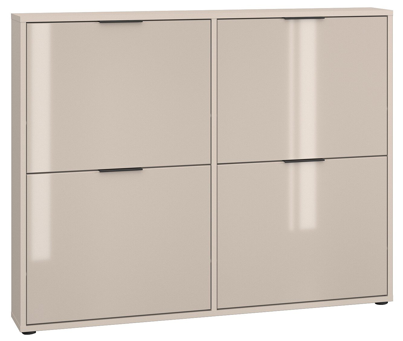 Beiger, moderner Schrank mit vier Klapptüren und schwarzen Griffleisten, frontale Ansicht.