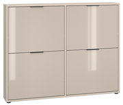 Beiger, moderner Schrank mit vier Klapptüren und schwarzen Griffleisten, frontale Ansicht.