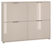 Beiger, moderner Schrank mit vier Klapptüren und schwarzen Griffleisten, frontale Ansicht.