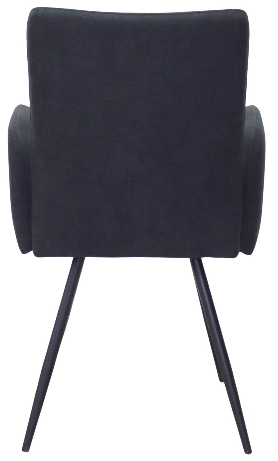 Rückansicht eines modernen Armlehnstuhls mit schwarzem Bezug und schlanken Metallbeinen.