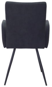 Rückansicht eines modernen Armlehnstuhls mit schwarzem Bezug und schlanken Metallbeinen.