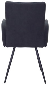 Rückansicht eines modernen Armlehnstuhls mit schwarzem Bezug und schlanken Metallbeinen.