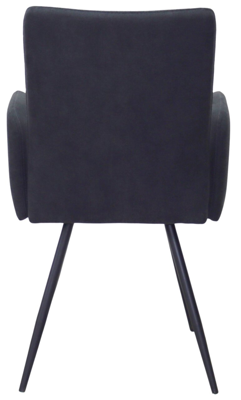 Achterkant van een moderne fauteuil met zwarte bekleding en slanke metalen poten.