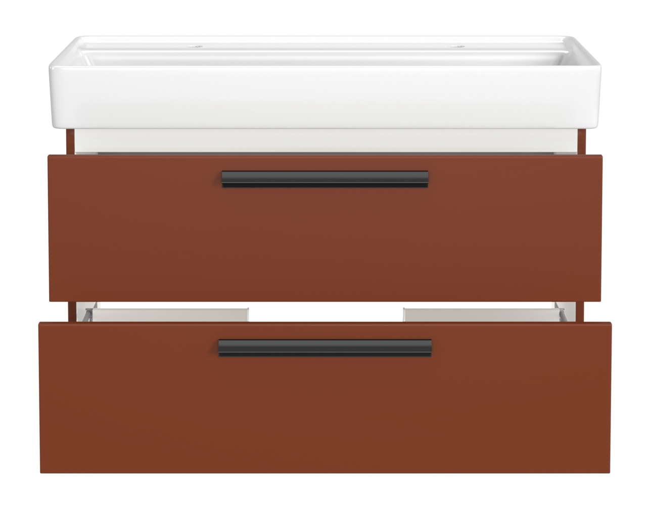 Frontansicht eines Waschtisch-Sets mit zwei Schubladen in Rostbraun und weißem Waschbecken, geeignet für zwei Armaturen.