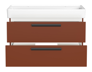 Frontansicht eines Waschtisch-Sets mit zwei Schubladen in Rostbraun und weißem Waschbecken, geeignet für zwei Armaturen.