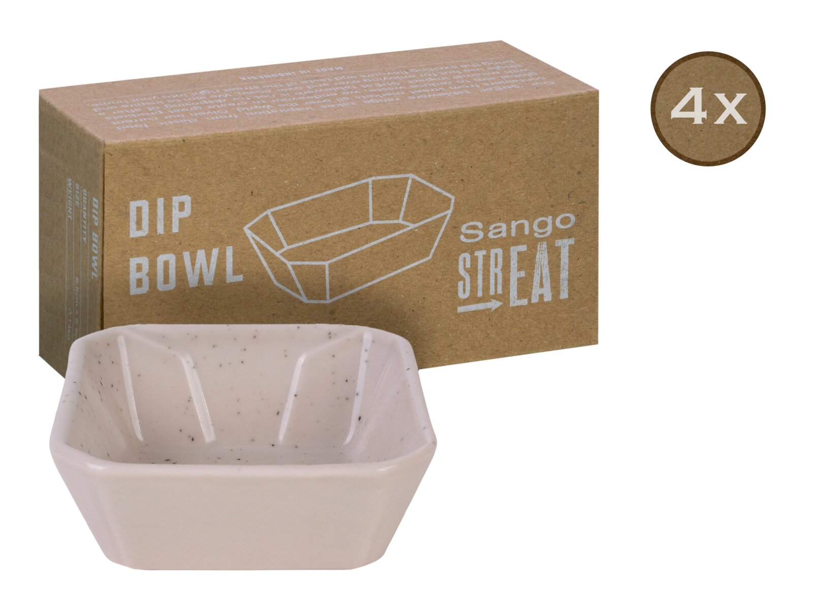 Weiße, gesprenkelte Dip-Schale in eckiger Form vor brauner Sango-Streat-Verpackung mit Aufdruck „DIP BOWL“, 4er-Set, in schräger Vorderansicht (leicht von oben)