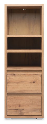 Holzregal mit drei offenen Fächern und zwei Schubladen, frontale Ansicht