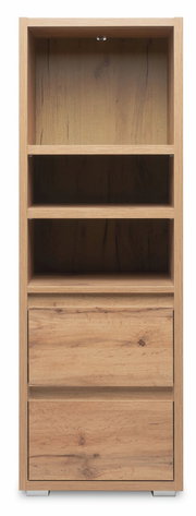 Holzregal mit drei offenen Fächern und zwei Schubladen, frontale Ansicht