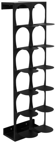 Schwarzes, modernes Schuhregal aus Metall mit mehreren Ebenen, seitliche Perspektive
