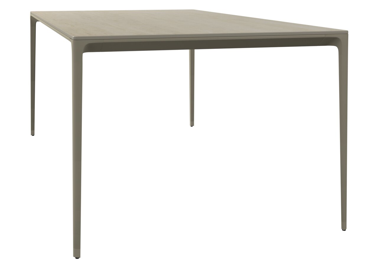 Moderner Gartentisch aus Metall mit rechteckiger Tischplatte, seitliche Perspektive