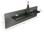 Nachtkonsolen Paneel mit Glasregal, seitliche Perspektive, dekoriert mit einer grünen Glasflasche, Maße 40 cm x 12 cm x 20 cm