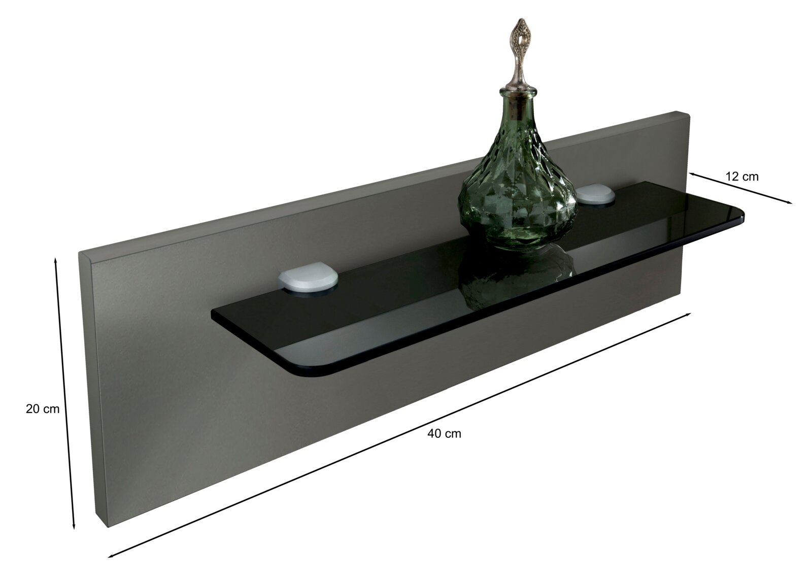 Nachtkonsolen Paneel mit Glasregal, seitliche Perspektive, dekoriert mit einer grünen Glasflasche, Maße 40 cm x 12 cm x 20 cm