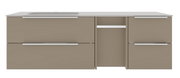 Modernes Badmöbel/Waschtischunterschrank in Taupe mit weißer Waschtischplatte und integrierter Ablage, Frontansicht