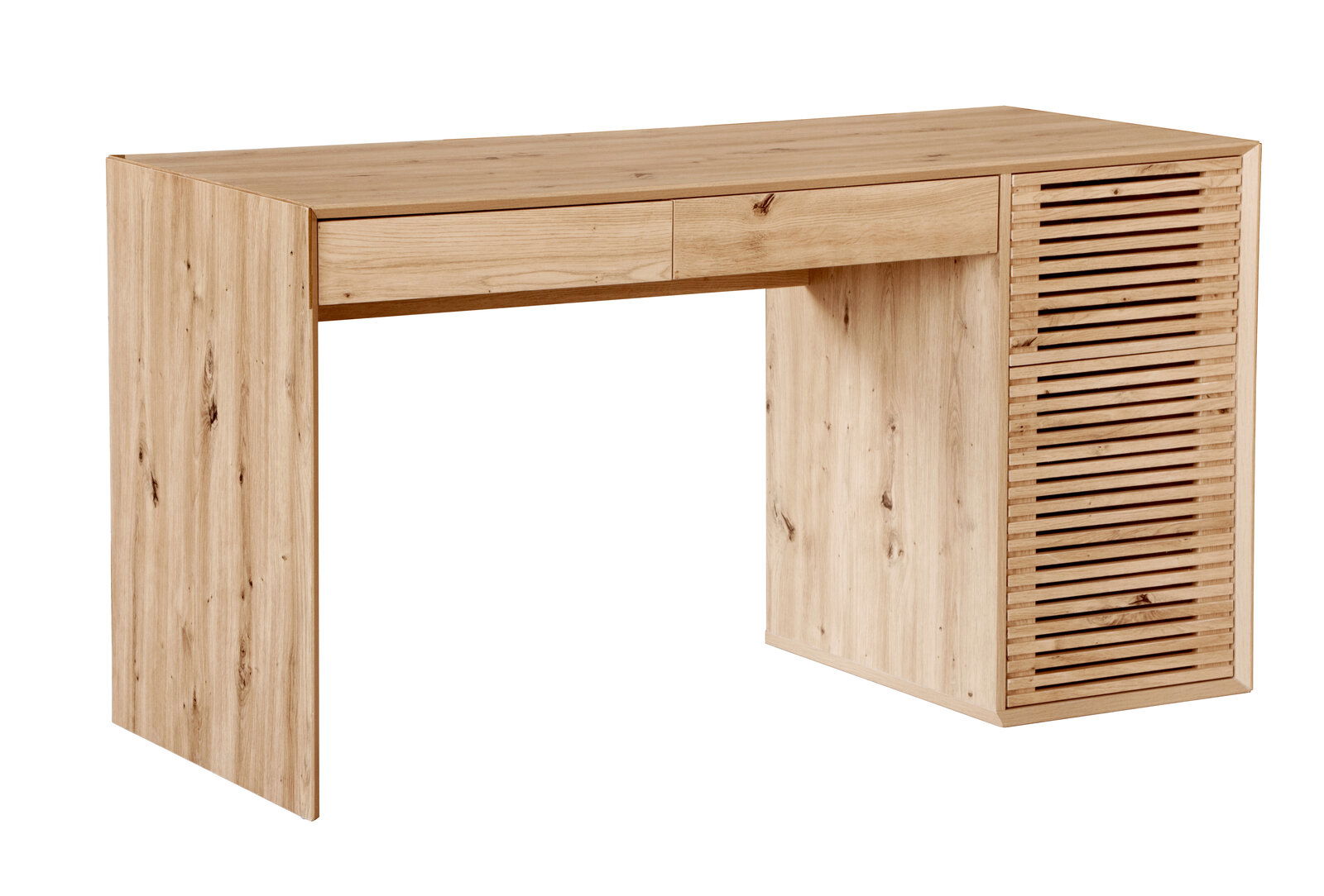 Hom´in Schreibtisch MARCELLO Moderner Schreibtisch aus hellem Holz mit Schublade und Lamellentür, seitliche Perspektive