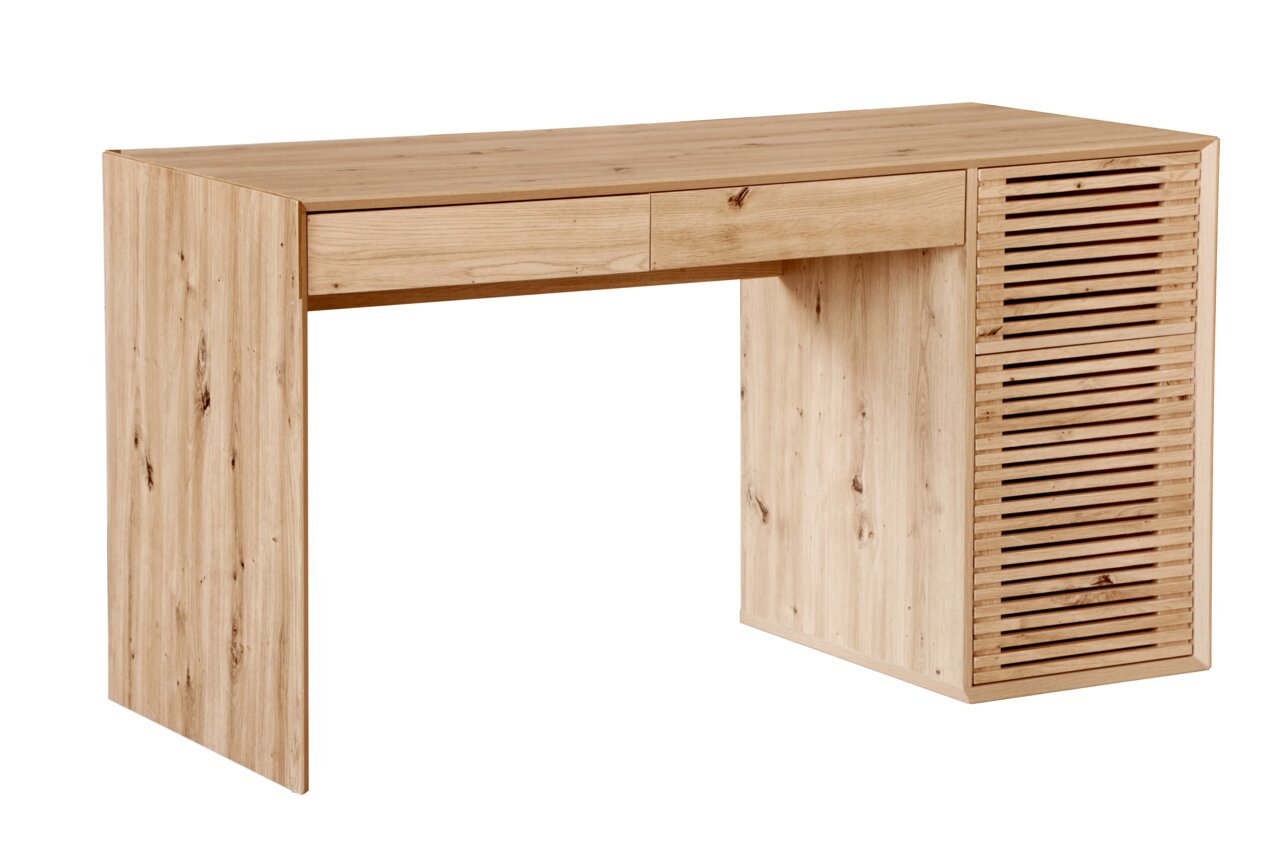 Moderner Schreibtisch aus hellem Holz mit Schublade und Lamellentür, seitliche Perspektive