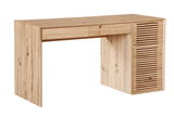 Moderner Schreibtisch aus hellem Holz mit Schublade und Lamellentür, seitliche Perspektive