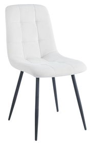 Moderner weißer Stuhl mit gepolsterter Sitzfläche und schwarzen Metallbeinen, seitliche Perspektive