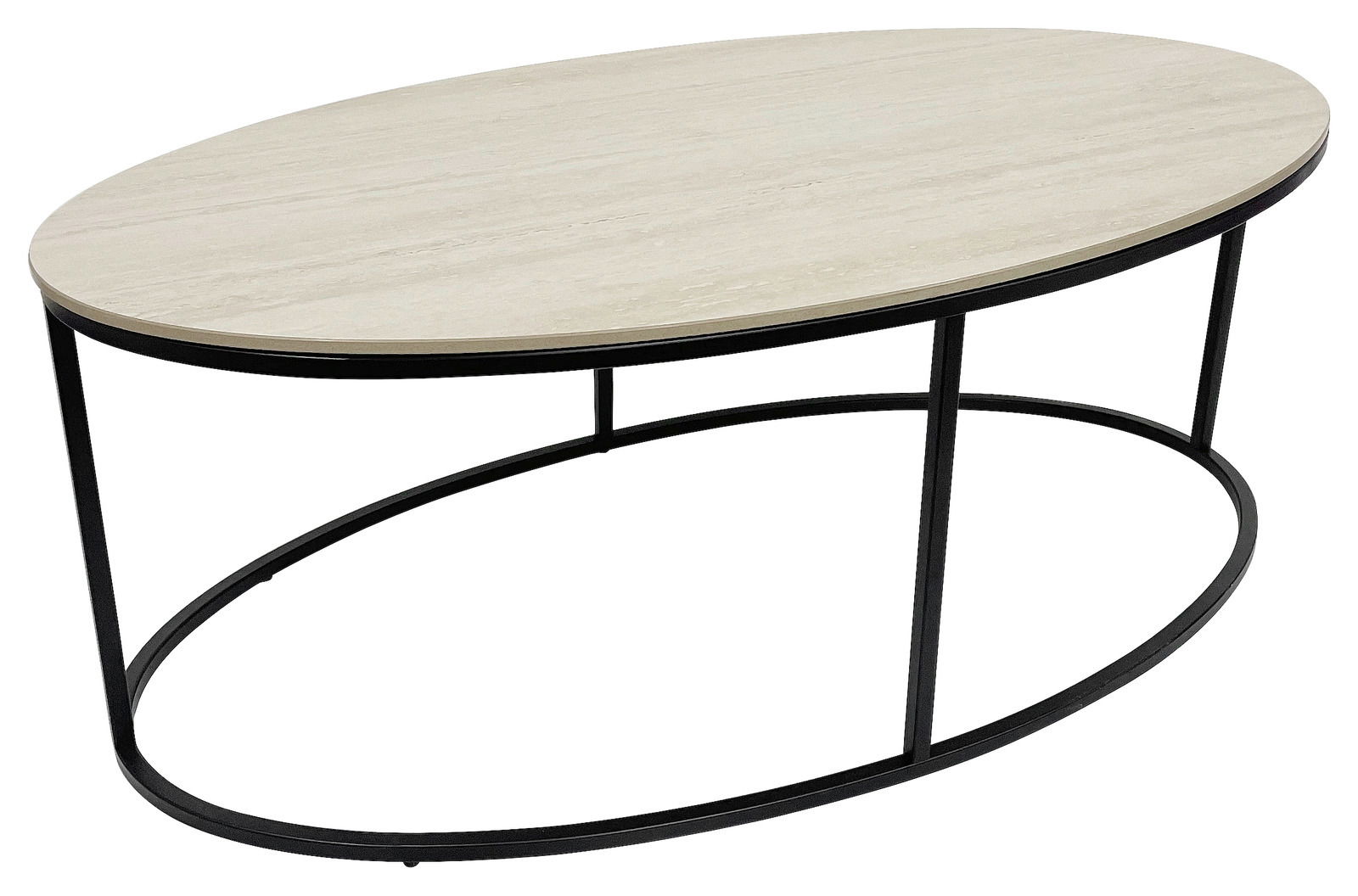 Ovaler Couchtisch mit heller Holzplatte und schwarzem Metallgestell, seitliche Perspektive