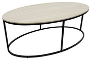 Ovaler Couchtisch mit heller Holzplatte und schwarzem Metallgestell, seitliche Perspektive