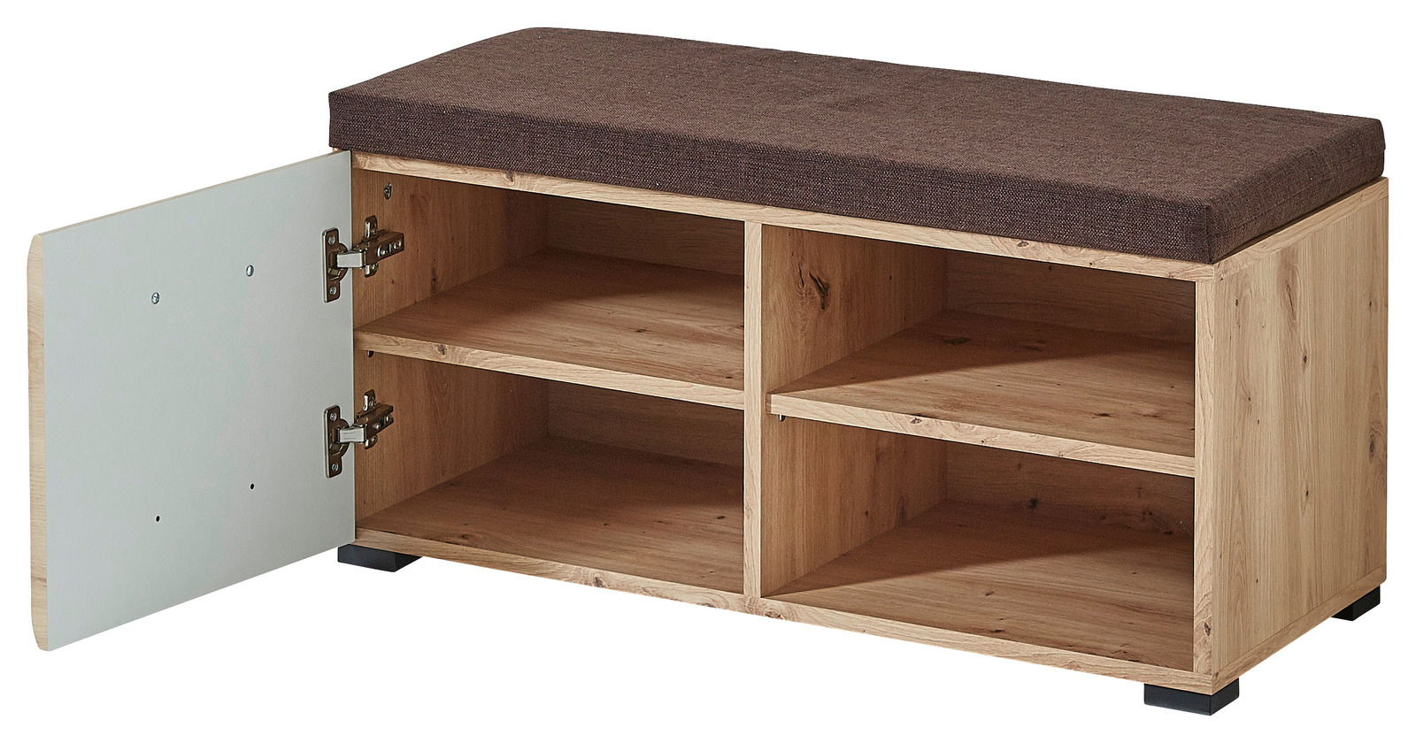 Garderoben-Set mit Sitzbank, Holzoptik, offene Fächer und gepolsterte Sitzfläche, seitliche Perspektive