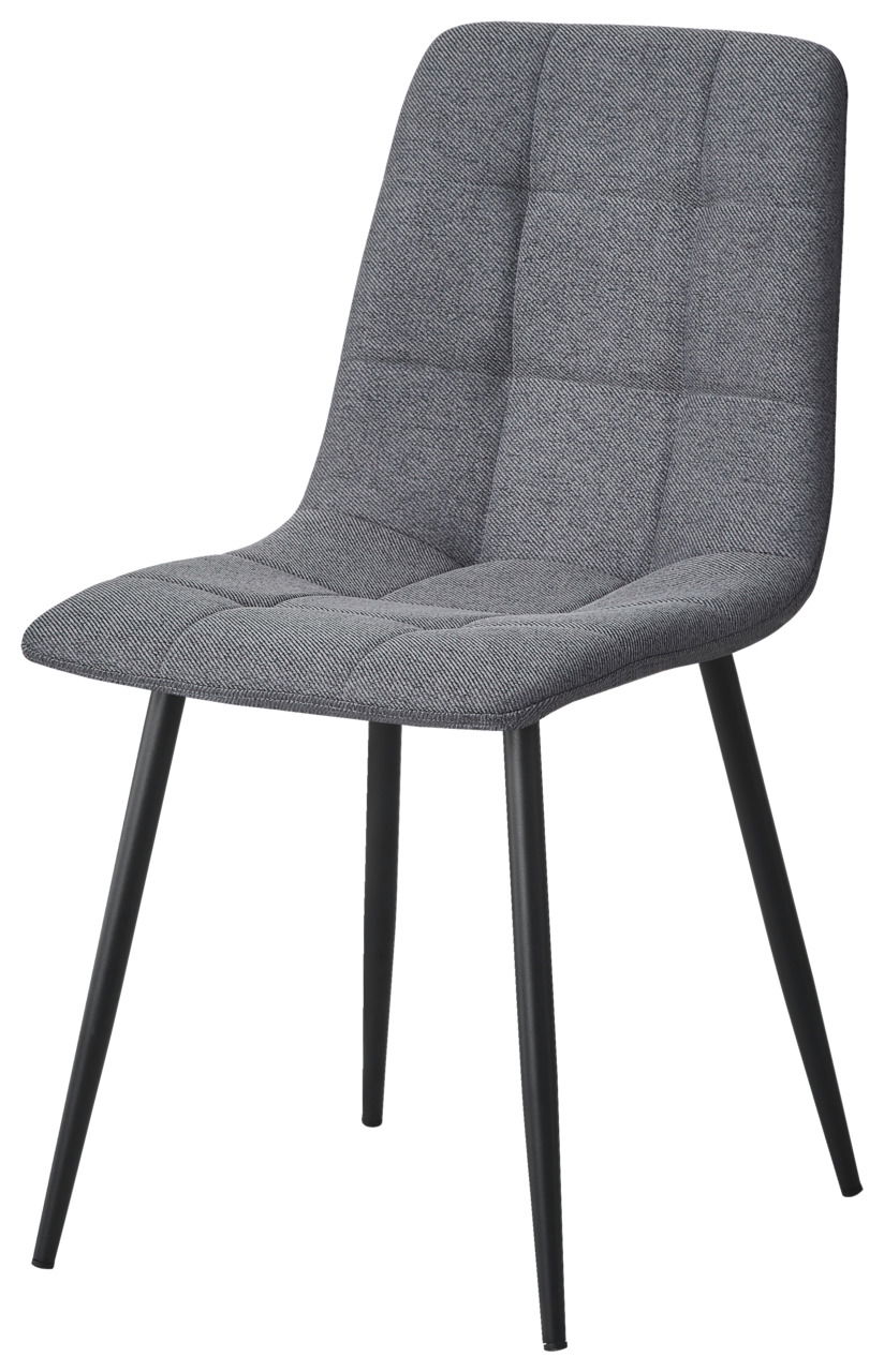Grauer Stuhl mit gepolsterter Sitzfläche und Rückenlehne, schwarzes Metallgestell, seitliche Perspektive