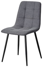 Grauer Stuhl mit gepolsterter Sitzfläche und Rückenlehne, schwarzes Metallgestell, seitliche Perspektive