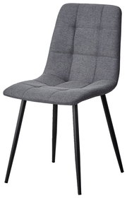 Grauer Stuhl mit gepolsterter Sitzfläche und Rückenlehne, schwarzes Metallgestell, seitliche Perspektive