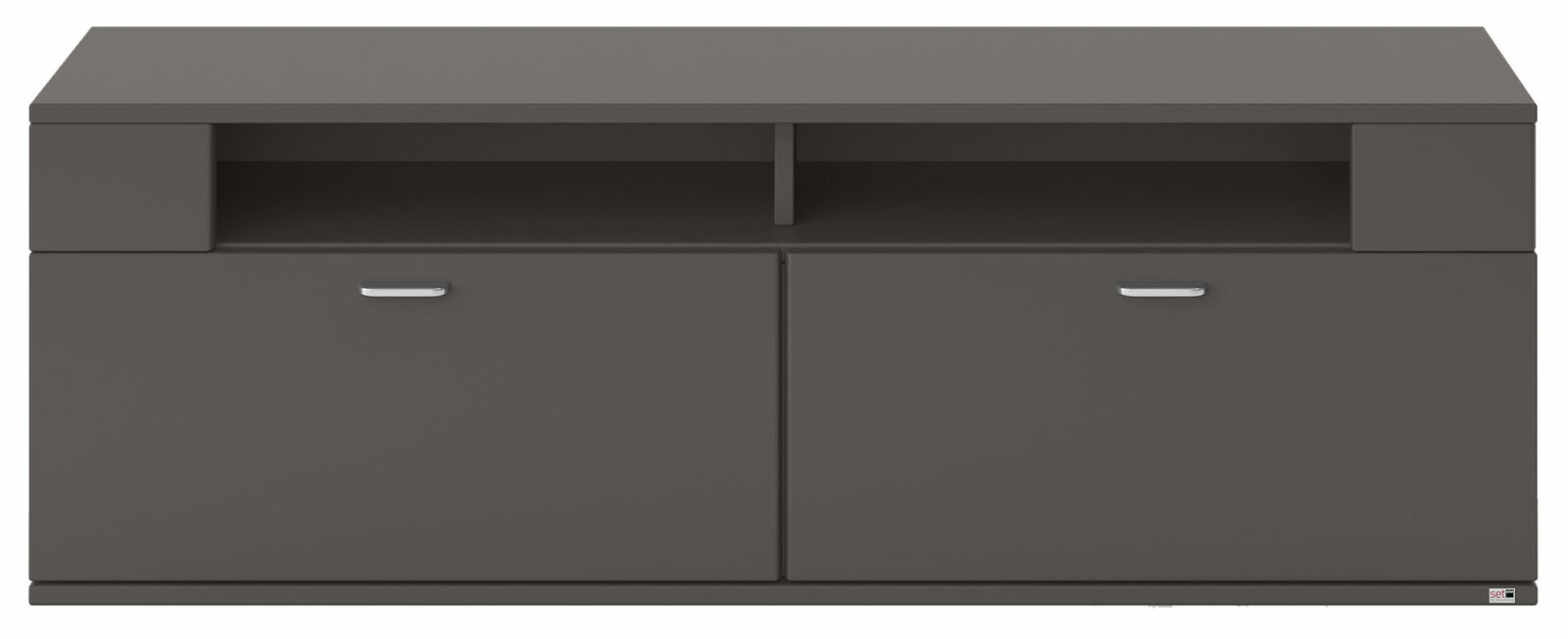 Frontansicht eines modernen, dunkelgrauen TV-Lowboards mit zwei Türen und offenen Fächern.