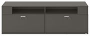 Frontansicht eines modernen, dunkelgrauen TV-Lowboards mit zwei Türen und offenen Fächern.