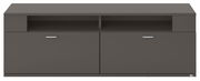Frontansicht eines modernen, dunkelgrauen TV-Lowboards mit zwei Türen und offenen Fächern.