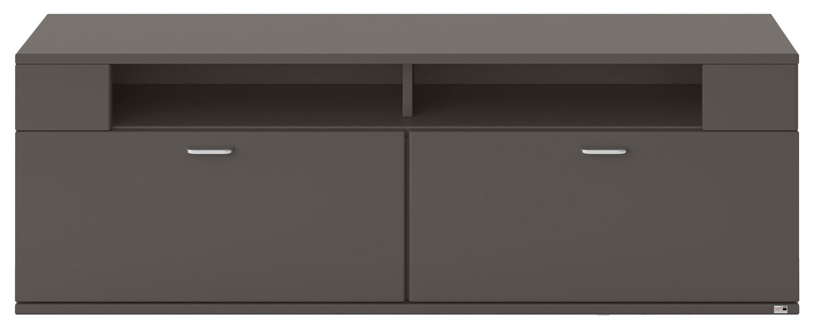 Frontansicht eines modernen, dunkelgrauen TV-Lowboards mit zwei Türen und offenen Fächern.