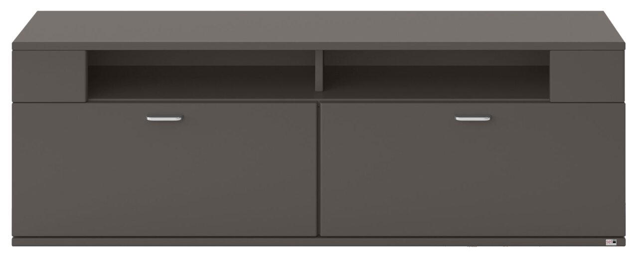 Frontansicht eines modernen, dunkelgrauen TV-Lowboards mit zwei Türen und offenen Fächern.