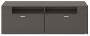 Frontansicht eines modernen, dunkelgrauen TV-Lowboards mit zwei Türen und offenen Fächern.