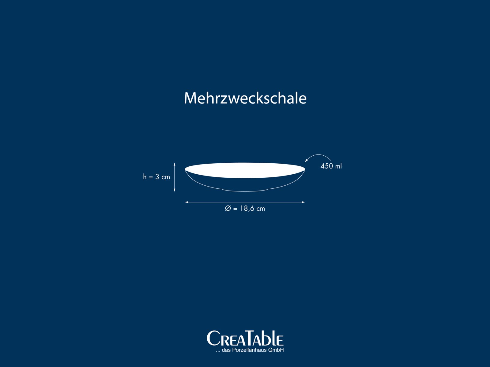 Mehrzweckschale mit 450 ml Fassungsvermögen, Höhe 3 cm und Durchmesser 18,6 cm, in seitlicher Ansicht (Profilansicht) dargestellt