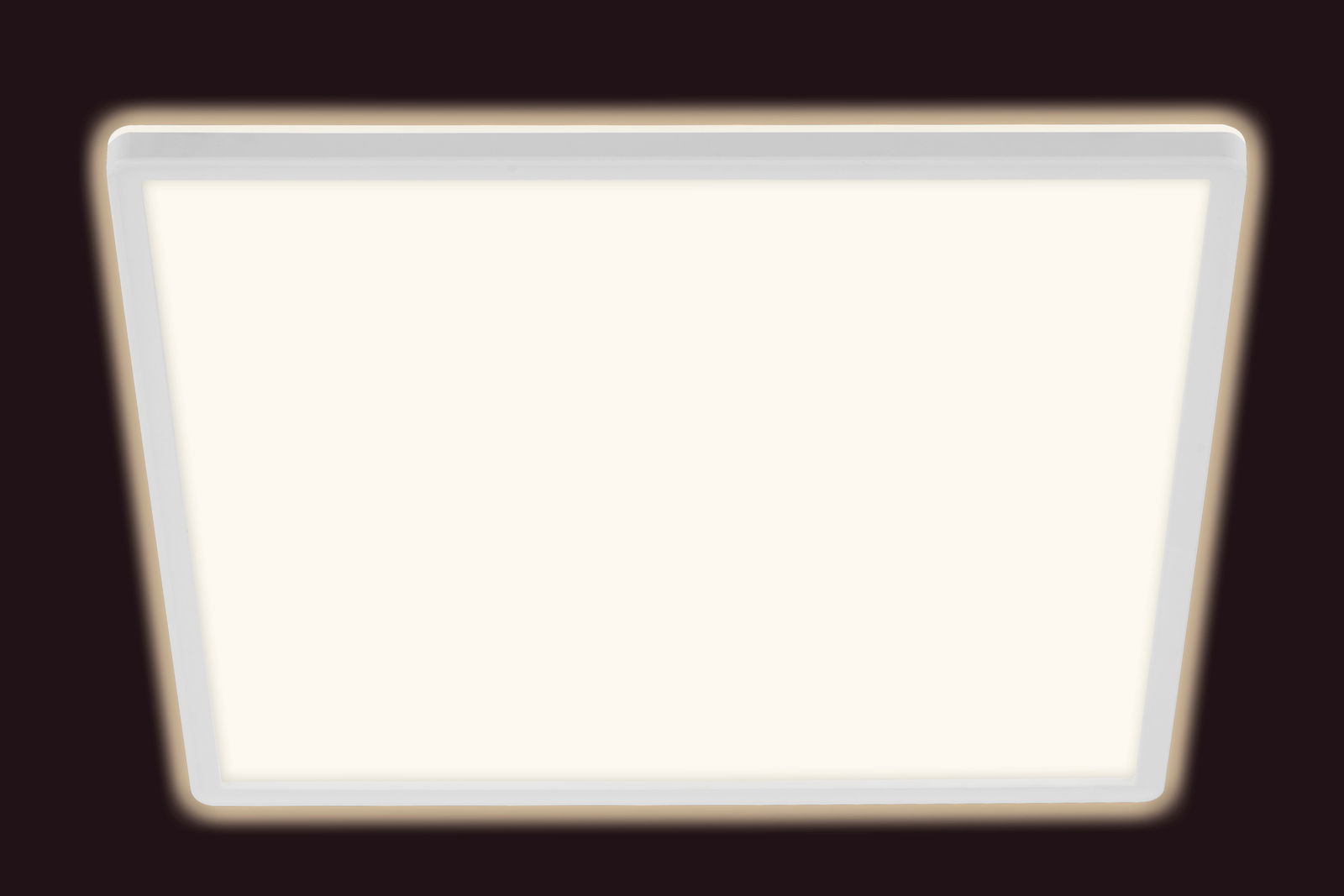 Rechteckige LED-Deckenleuchte mit weißem Rahmen, Ansicht von unten
