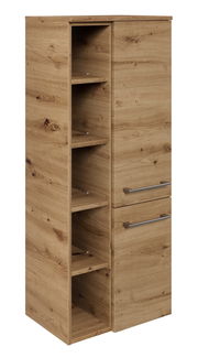 Midischrank in Holzoptik mit offenen Regalfächern und zwei Türen, seitliche Perspektive