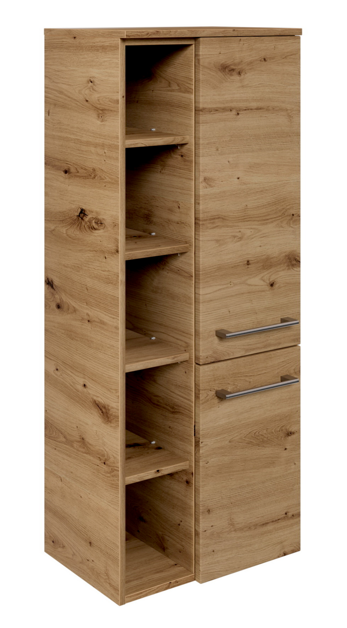 Sadena Midischrank PLAKA Midischrank in Holzoptik mit offenen Regalfächern und zwei Türen, seitliche Perspektive
