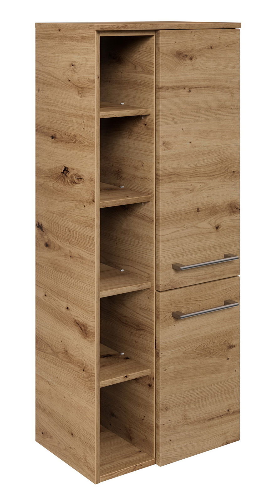 Midischrank in Holzoptik mit offenen Regalfächern und zwei Türen, seitliche Perspektive