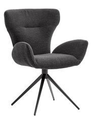 Grauer Armlehnstuhl mit modernem Design, schwarzem Metallgestell und weicher Polsterung, seitliche Perspektive